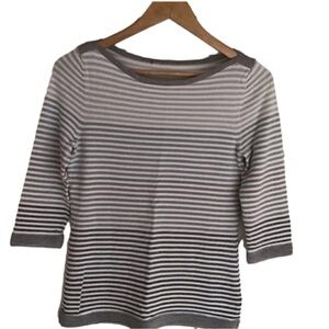Petite Striped Knit Sweater Boat Neck Gray Ivory Shimmer 3/4 Sleeve Quiet Luxury
